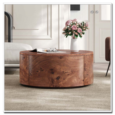 Wood Rotating Coffee Table with 2 Drawers, 360° Rotating Top