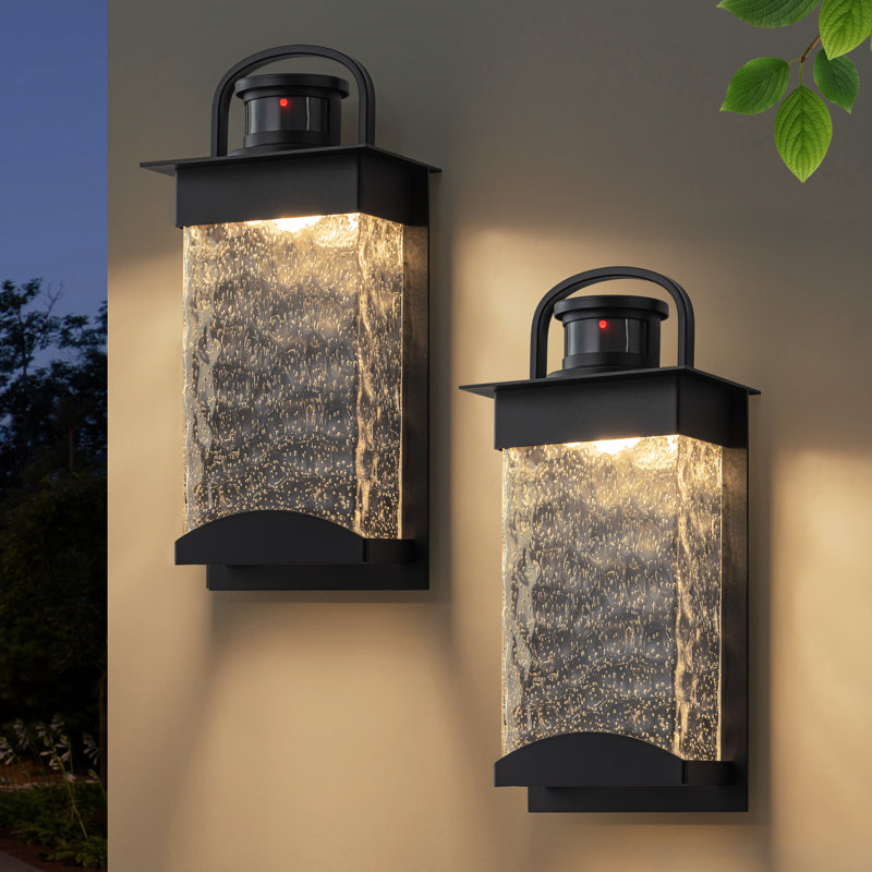 Black Motion Sensor Dusk To Dawn Outdoor Wall Lantern Sconce With Bubbled Water Glass (2-pack)