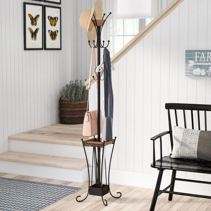 Antique Black and Acacia Wood Coat Rack with Umbrella Stand