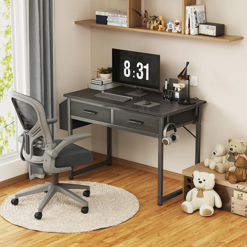 Small Desk With Fabric Drawers For Bedroom, 32 Inch Gaming Desk With 2 Drawers For Small Space, Study Writing Table PC Desks, Black