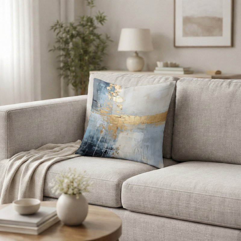 Coussin décoratif beige et doré avec paysage d'hiver - Coussin décoratif imprimé paysage d'hiver, H 16 po x l 16 po