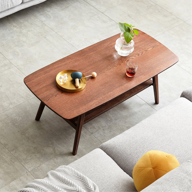 Table basse rectangulaire en bois de chêne - massif avec tablettes, facile à assembler, bureau brun pour le rangement de l'espace de vie