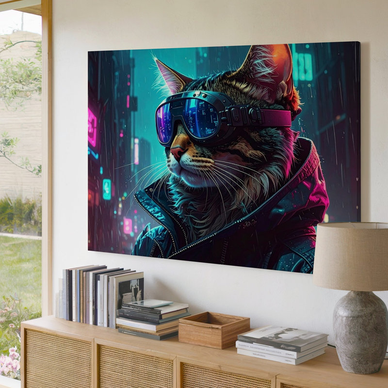 Toile, art mural Cyberpunk, chat, futuriste, science-fiction, félin, H 9 po x l 12 po
