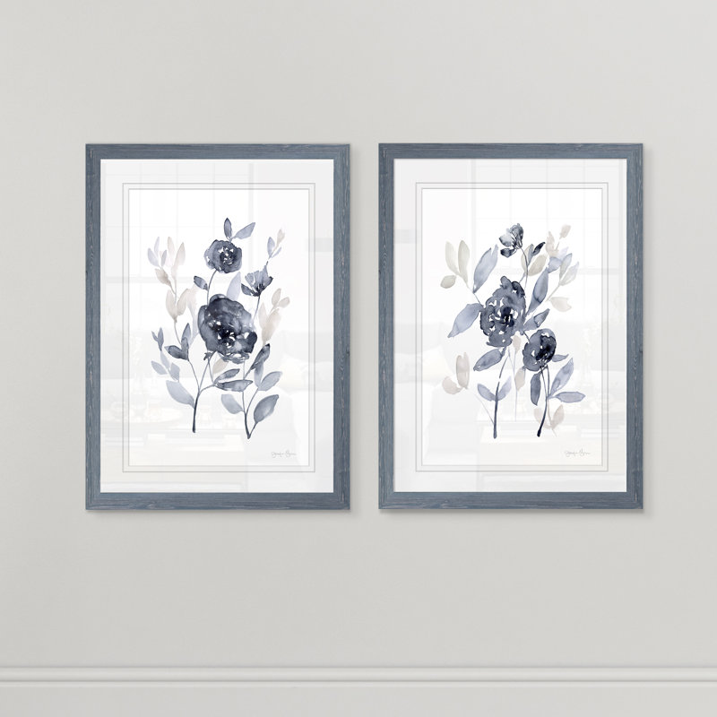 Pivoines en gris - ensemble de 2 reproductions d'art encadrées, H 24 po x l 18 po, Impression encadrée avec passe-partout