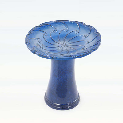 Handmade Glazed Ceramic Bird Bath with Swirling Scroll Embossed Tray and Pedestal Base, Sapphire Blue Gradient for Outdoor Use