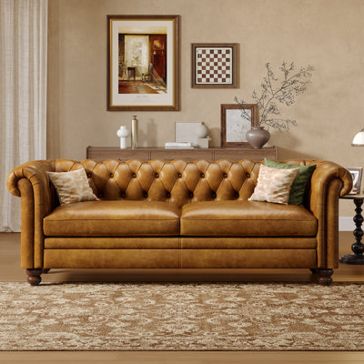80.7" Leather Sofa, Chesterfield Sofa With Rolled Arm And Solid Wood
