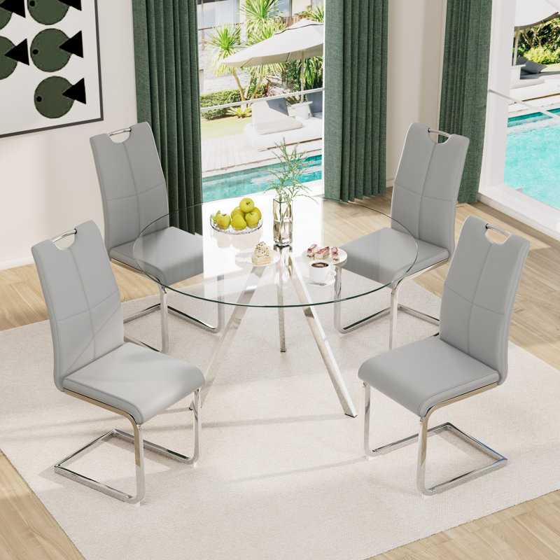 Metal and Glass Round Dining Table Set with 4 Faux Leather Upholstered Dining Chairs, Gray