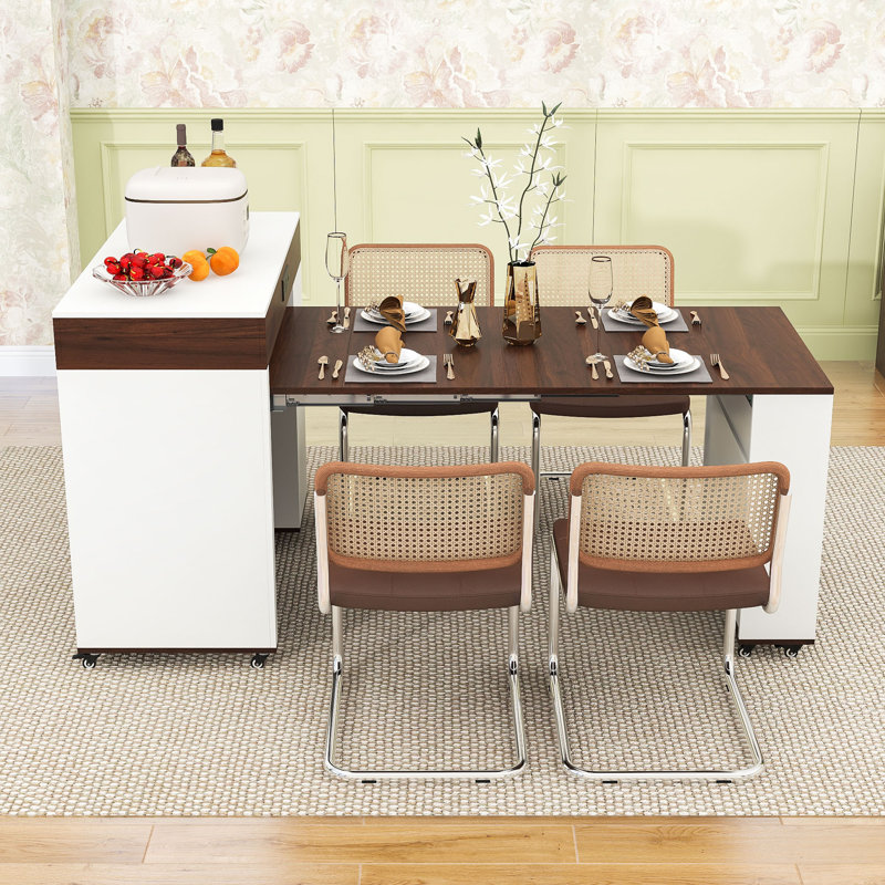 Rolling Kitchen Island with Fold-Out Dining Table, Storage Cabinet and Built-In Power Outlet, White, Walnut/Manufactured Wood