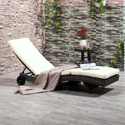 Pe Chaise Sun Lounger, Outdoor Lounger With Cushion, 5-Level Adjustable And Wheels, Cream White Chair Cushioned Portable Wheels