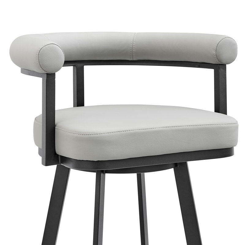 Hollie-May Mid-century Swivel Counter or Bar Height Bar Stool with Open Back in Faux Leather, Metal, Light Gray, Black Metal