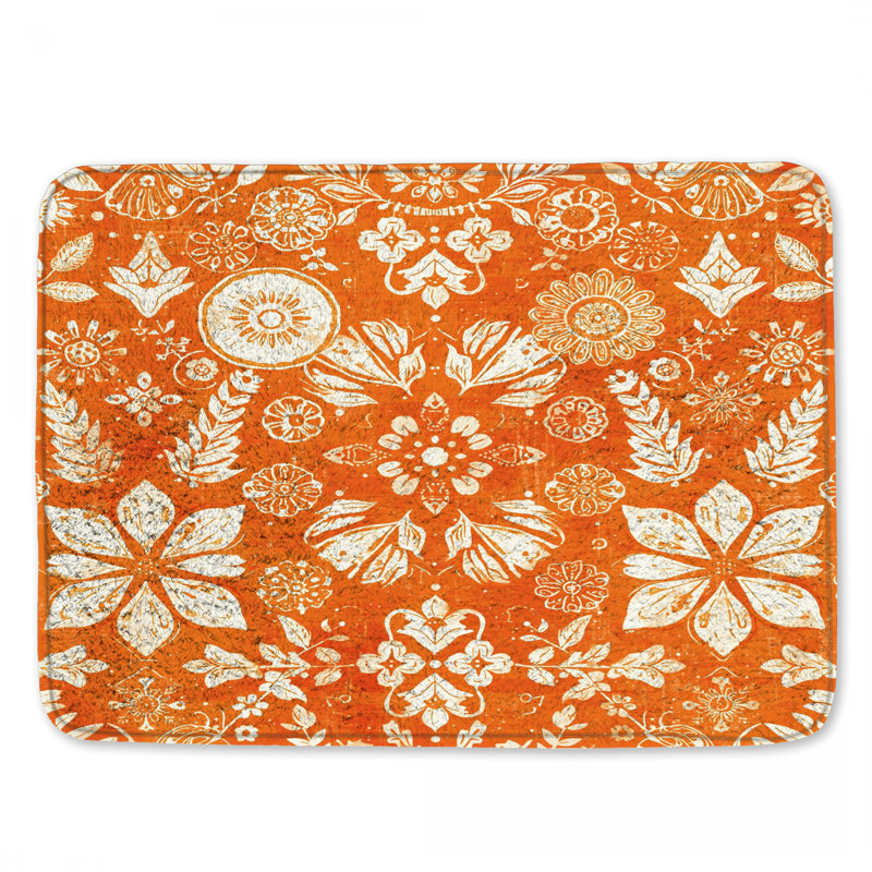 Orange Floral Motif Bath Mat, 34in W x 21in L