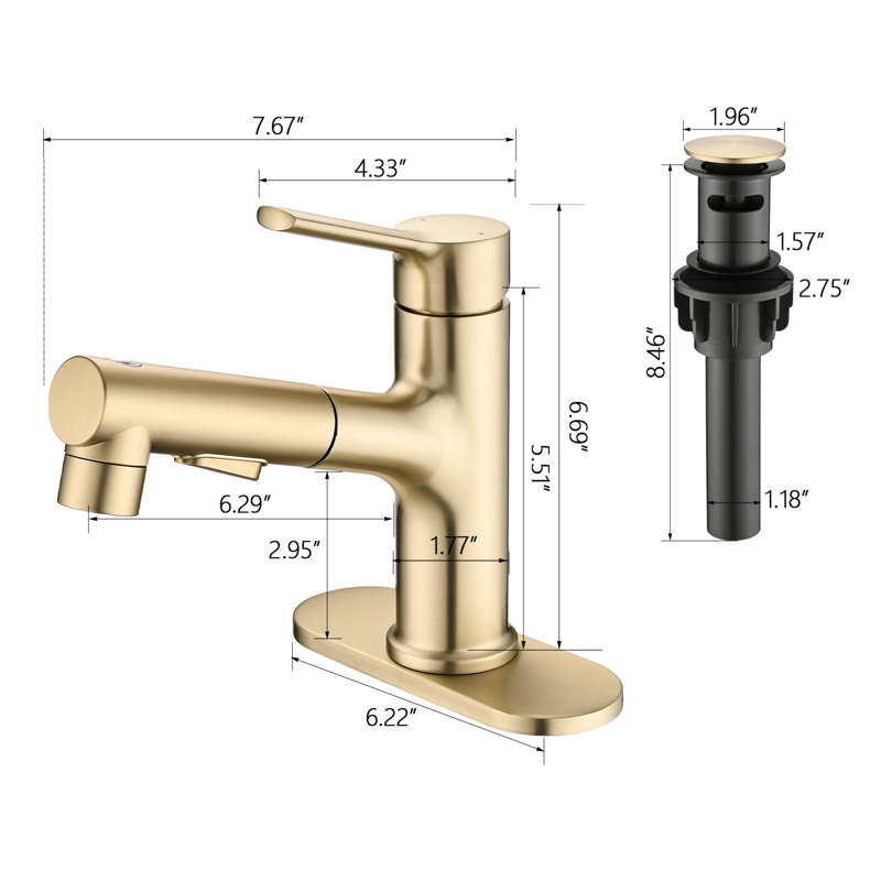 Robinet de lavabo de salle de bain en or brossé - escamotable, 3 réglages de jet, bonde escamotable et bouchon de pont contemporain