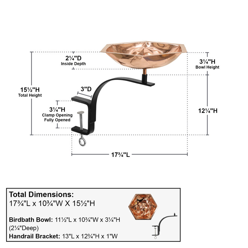 Hexagonal Copper Bee Fountain & Birdbath with Rail Mount