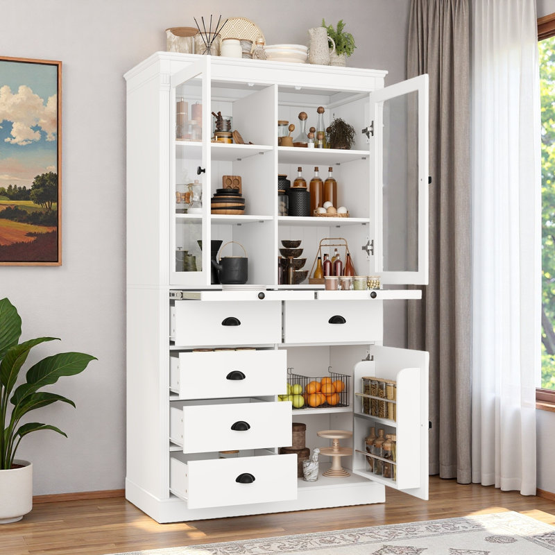 Garde-manger avec portes en verre, tiroirs, plateaux de service et tablettes, Blanc