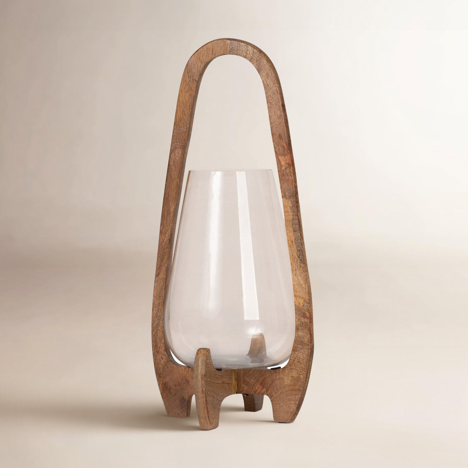Sculpted Wood Glass Hurricane Lantern, For Decorative Use, Mango Wood and Glass, 18" H x 8" W x 8" D, Natural