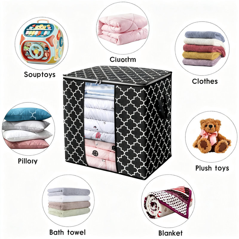 Large Storage Bags With Reinforced Handle,100 Liter Foldable Organizers For Comforters And Bedding,3 Pack, Black