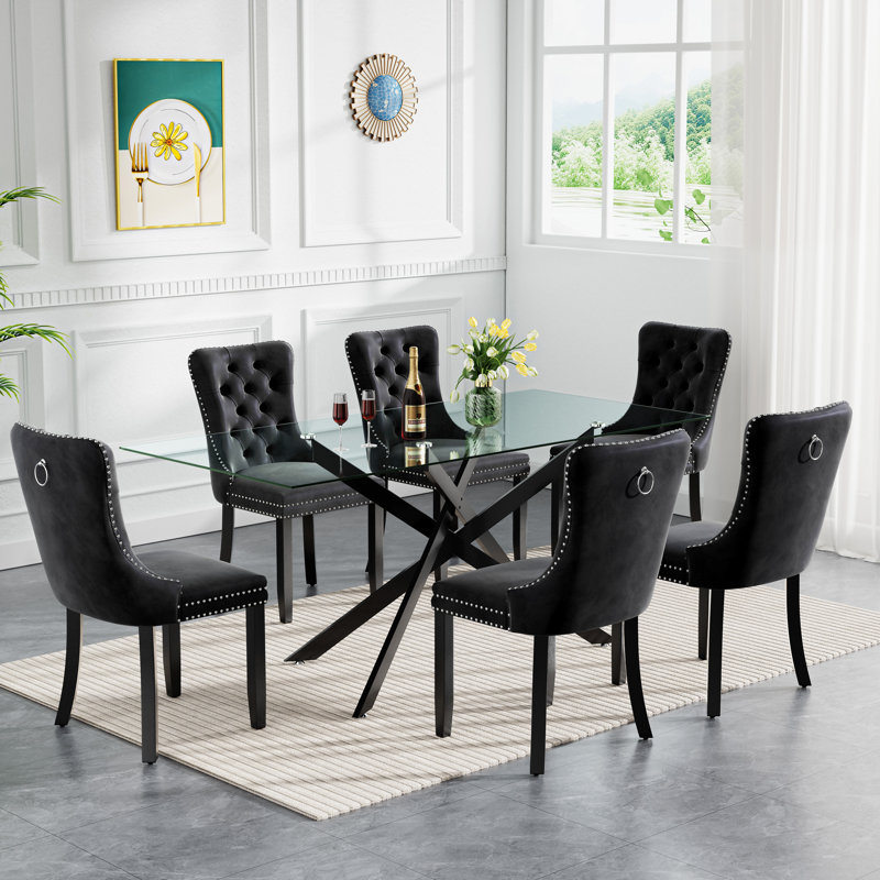 7 Piece Glass Dining Table Set for 6, Modern 60" Glass Kitchen Table with Metal Leg, Tufted Velvet Upholstered Dining Chair, Rectangle Dining Table and Chairs Set for Kitchen