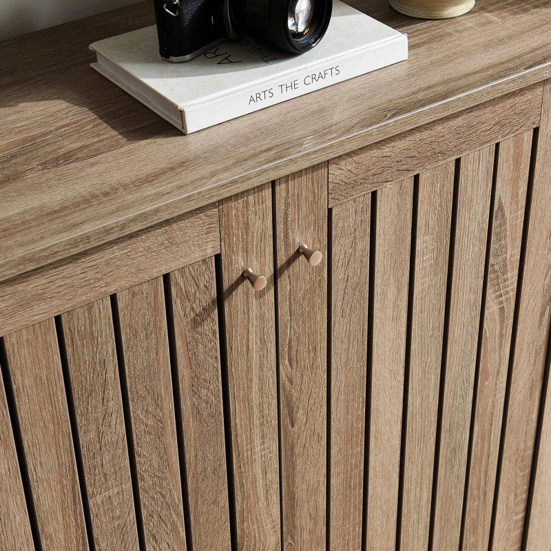 Dark Taupe Shoe Storage Cabinet, Vented Slat Doors, 4 Shelf Space, Metal Organizer Two Shelves, Knob Handles