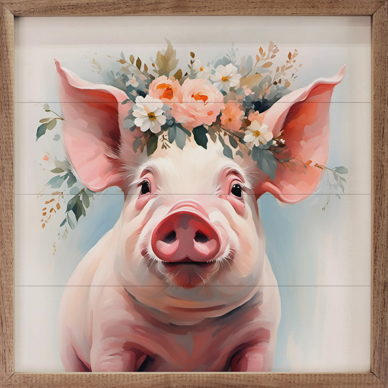 Cochon rose avec couronne de fleurs blanche encadrée sur bois, H 16 po x l 16 po