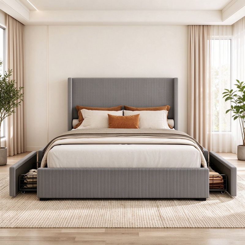 Upholstered Bed Frame with Wingback Headboard & 4 Storage Drawers | Noise-Free Platform Bed for Bedroom & Guest Room, King
