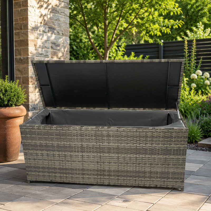 Boîte de rangement extérieure, boîtes de terrasse de patio en osier 113 gallons avec couvercle, rangement de coussin de rangement extérieur pour jouets d'enfants, oreillers, serviette en osier gris