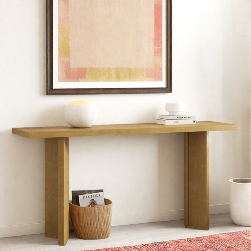 Modern Console Table With Geometric Shape Structure And Wood Grain, Natural