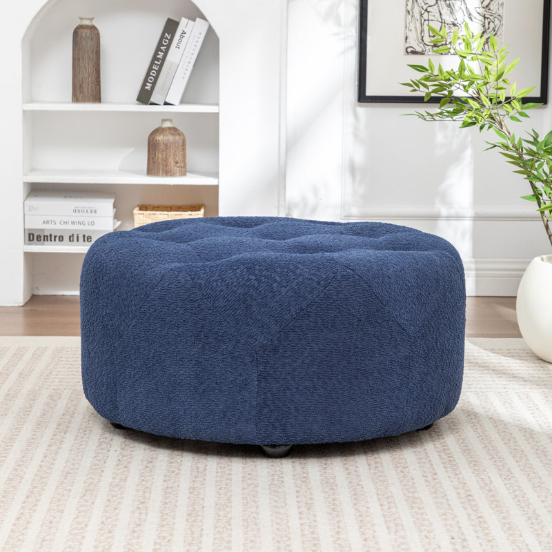 Castanedo Upholstered Round Ottoman, Boucle - Blue