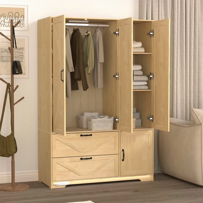 Armoire 4 portes avec miroir, armoire à DEL avec portes et 2 tiroirs, armoire de rangement en bois avec tringle, tablettes réglables