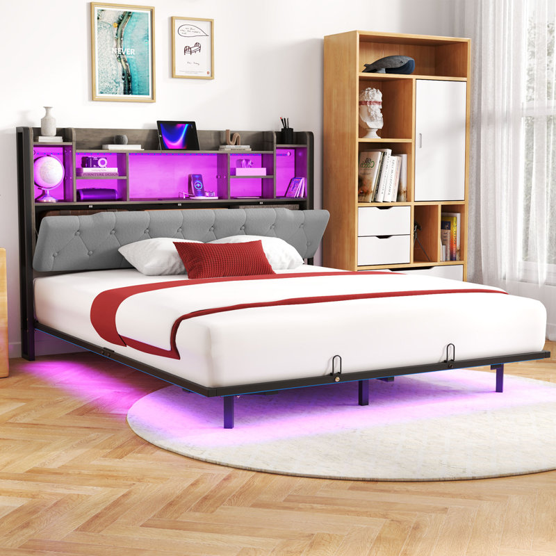 Upholstered Bookcase Storage Bed, Gray, King