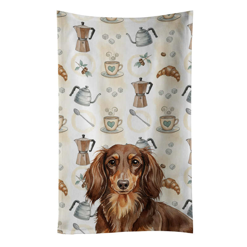 Longhaired Chocolate and Tan Dachshund Coffee Bar Kitchen Towel, Longhaired Chocolate and Tan Dachshund