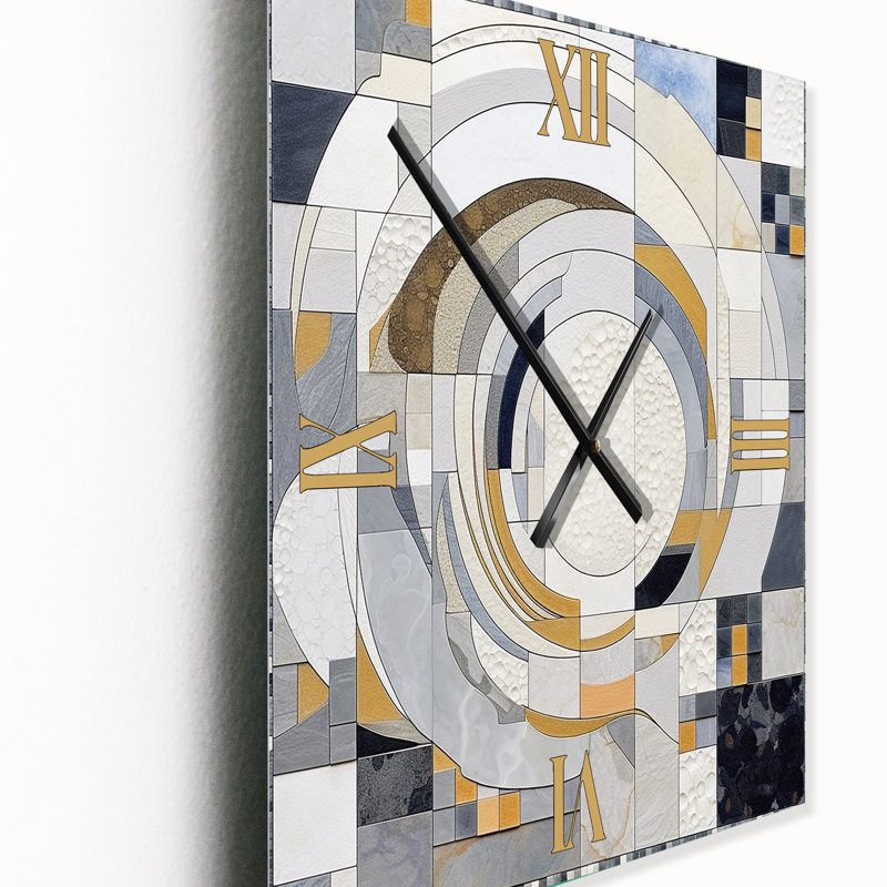 Horloge murale abstraite en mosaïque grise et jaune III, Petit