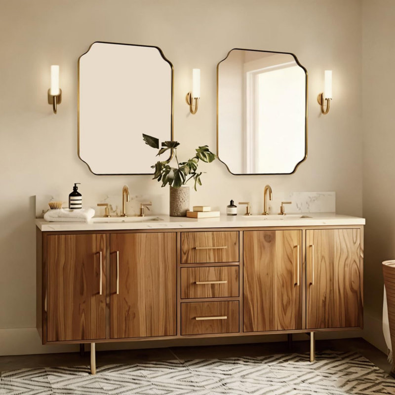 Miroir de salle de bain Modern Cadre en acier inoxydable, Or brossé, 30 po x 30 po