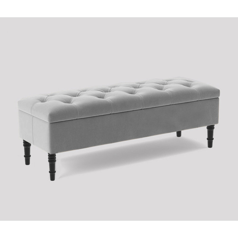 Alyana Wide Tufted Rectangle Ottoman Storage Bench - Upholstery Velvet Shoe Bench with Turned Wooden Legs, Silver