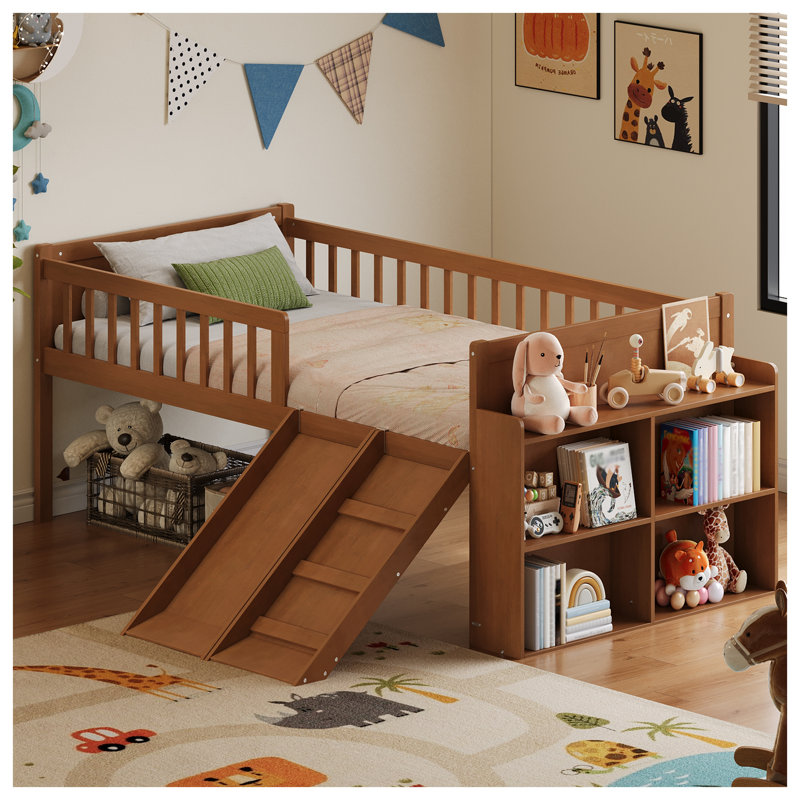 Structure de lit simple avec glissade et tablette de rangement - Lit mezzanine en bois pour enfants avec échelle et garde-corps, lit plateforme en noyer clair pour garçons et filles