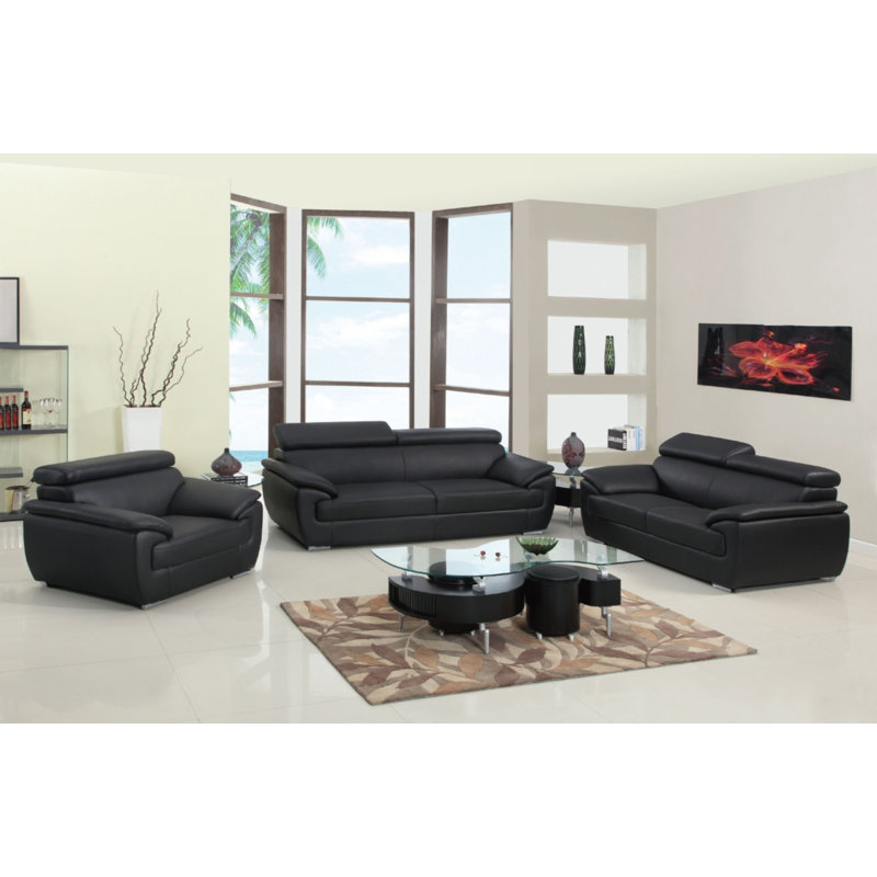 Three Piece Indoor Black Genuine Leather Six Person Seating Set Three Piece Indoor Black Genuine Leather Six Person Seating Set