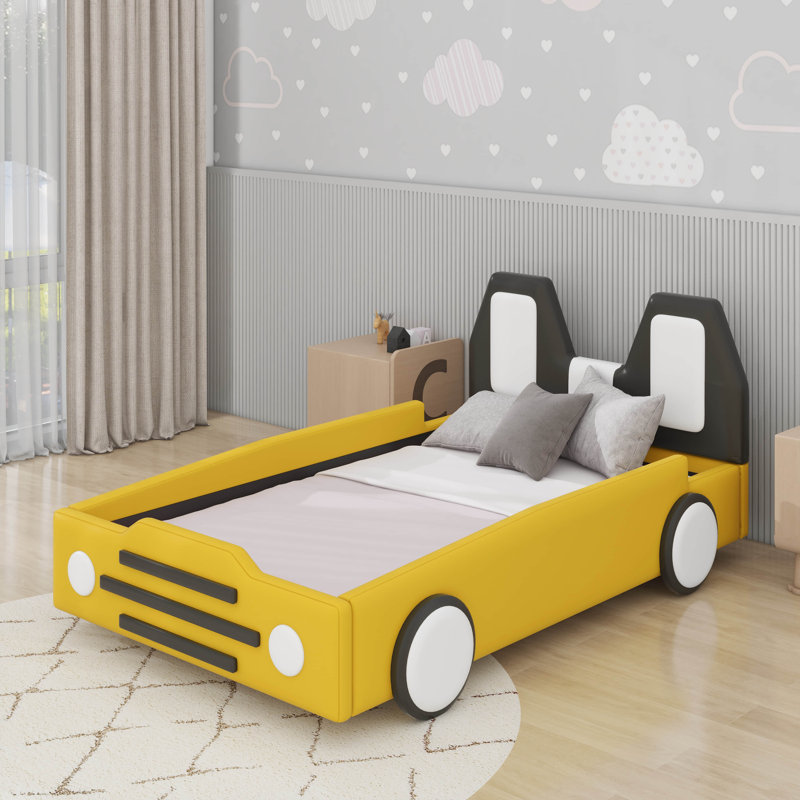 Twin Race Car-Shaped Platform Bed With Wheels, Yellow