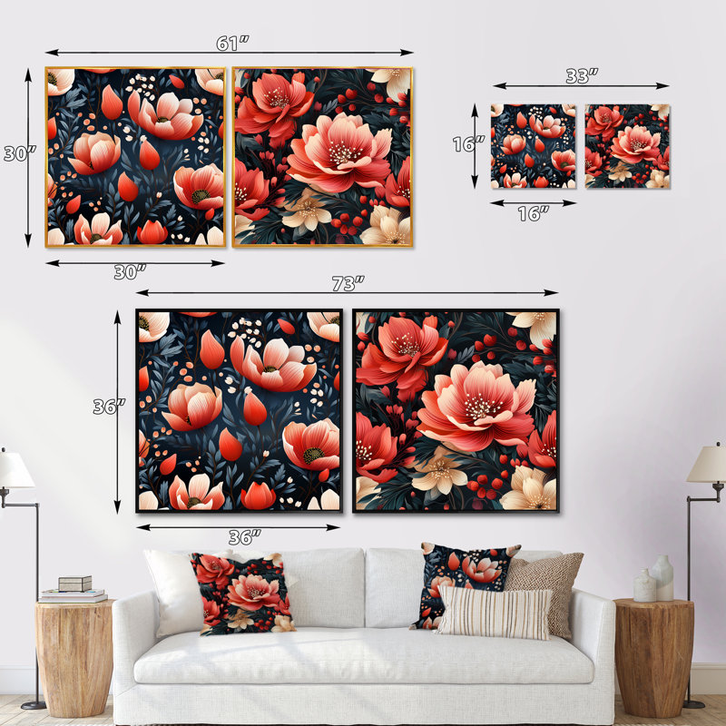 Austrina - Ensemble de 2 collages floraux carrés, H 16 po x l 33 po, Cadre flottant doré