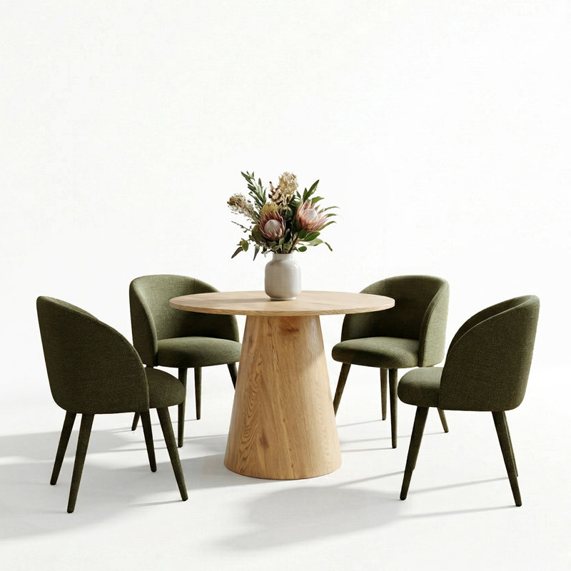 Ensemble de salle à manger rond moderne de 35 po avec 4 chaises de salle à manger rembourrées et une table à piédestal, Green