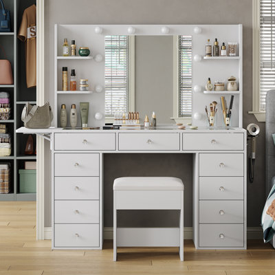 Milah Desk With Power Outlet, 11 Drawers Makeup Milah With Lighted Mirror, 3 Colours Adjustable, Glass Top Milah With Chair, 4 Shelves And Fold-Up Panel, Milah Set For Bedroom, Dressing Room