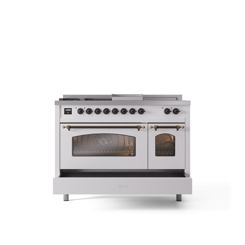 ILVE Nostalgie II Series 48 inch Dual Fuel Range with 5 Sealed Burners, Griddle, Frenchtop (Glass Door), White/Bronze