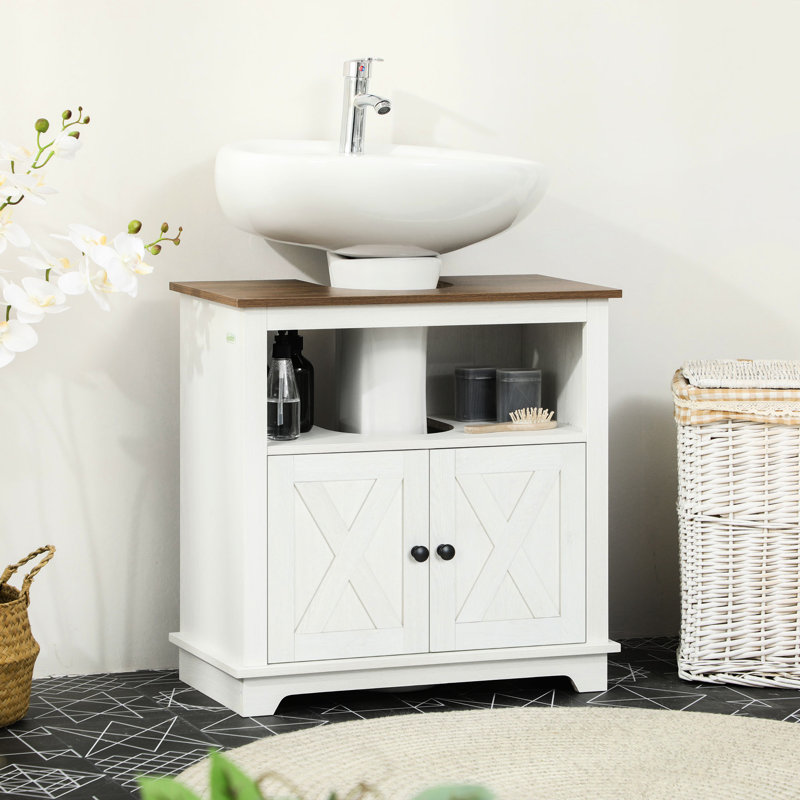 Armoire de salle de bain sous le lavabo, Thème, Blanc, Double porte, Meuble pour lavabo compact,