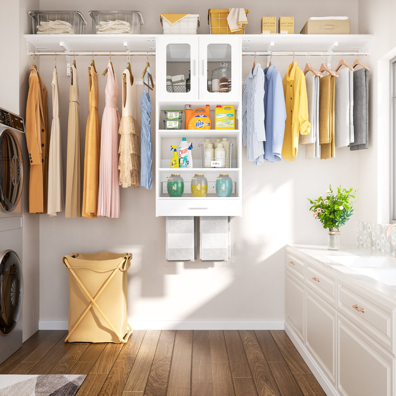 20.5‘’ - 95.7'' W Wall Cabinet with Drawer, Door and Hanging Rods, White