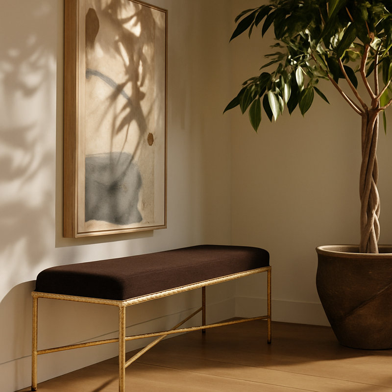 Banc en tissu Iyania Chenille, Tissu chenille brun, Doré