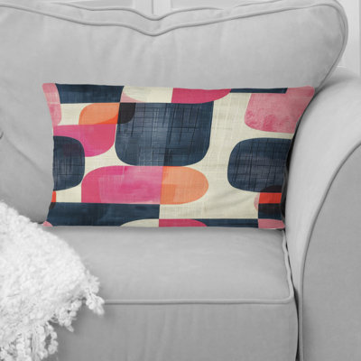 Pink Black Midcentury Geometric Shapes II - Midcentury Colors Soft Line Lumbar Pillow