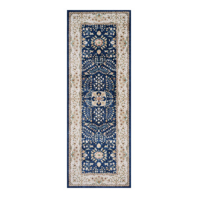  Everyday Chic Machine Washable Indoor Rug, Printed Soft Flannel Polyester with Non-Slip Backing,  Seda Navy 2x6