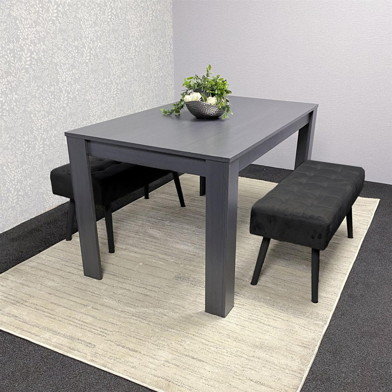Fairmont Dining Table with 2 Velvet Benches Set, Charcoal, 75cm H x 117cm L x 77cm W
