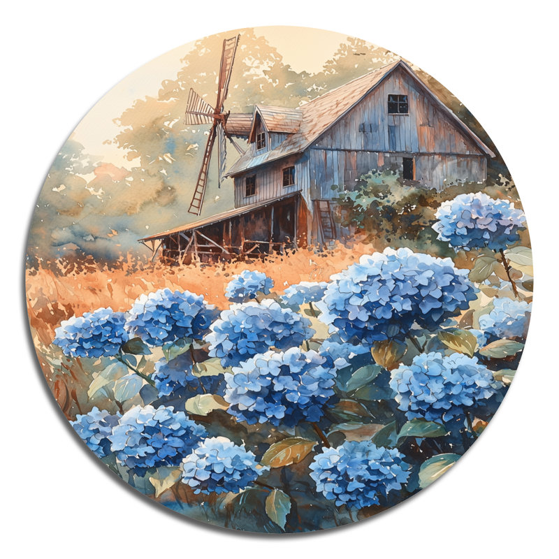 Hydrangées par le moulin à vent - impression d'art en métal bleu traditionnel, hydrangées rondes, décoration murale en métal