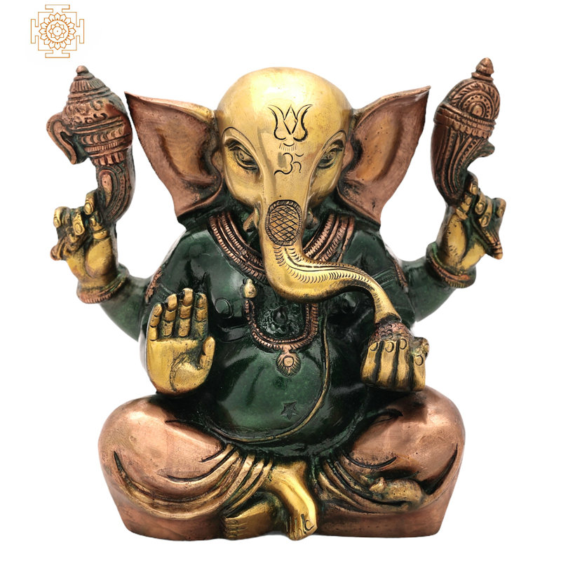 Ganesha avec grandes oreilles en laiton, Vert / or / cuivre