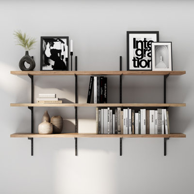60" Long Wall Shelving Unit, Floating Bookshelf With Adjustable Brackets, 10" Deep And 1" Thick Real Wood Boards, Farmhouse Shelf, Living Room Decor, Hanging Shelf For Storage, Burnt, 3 Tier