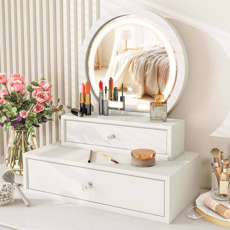 Miroir de salle de bain avec 2 tiroirs coulissants, 3 modes d'éclairage et une luminosité réglable